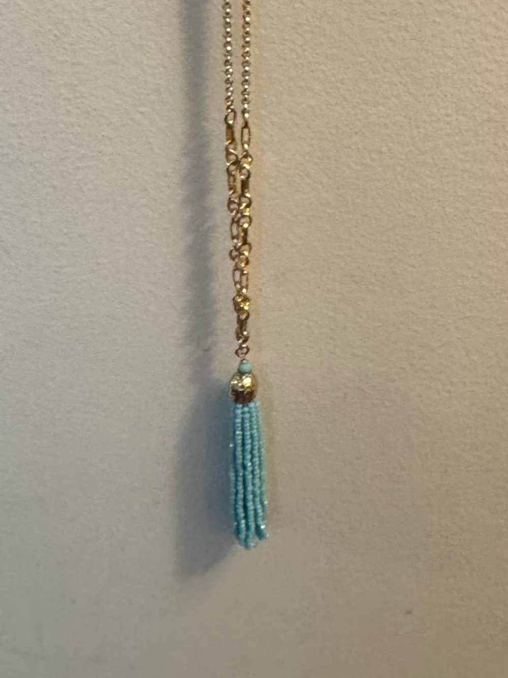 Lilly Pulitzer Gold long Necklace with Light Blue Beaded Tassel Pendant